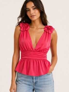 French Connection Pink Flowy Top Size Small | Deep V Tie Back Peplum Going Out
